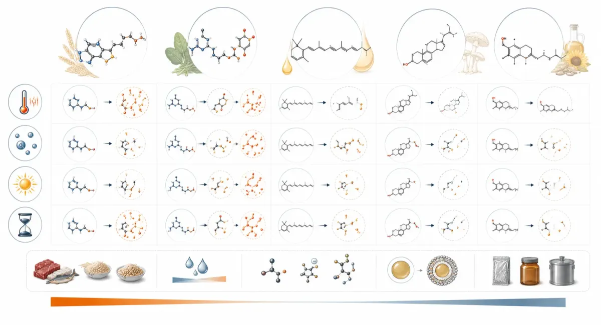 Vetenskaplig jämförelseillustration som visar hur tiamin, folat, vitamin A, vitamin D och vitamin E skiljer sig i känslighet för värme, syre, ljus och lagring.