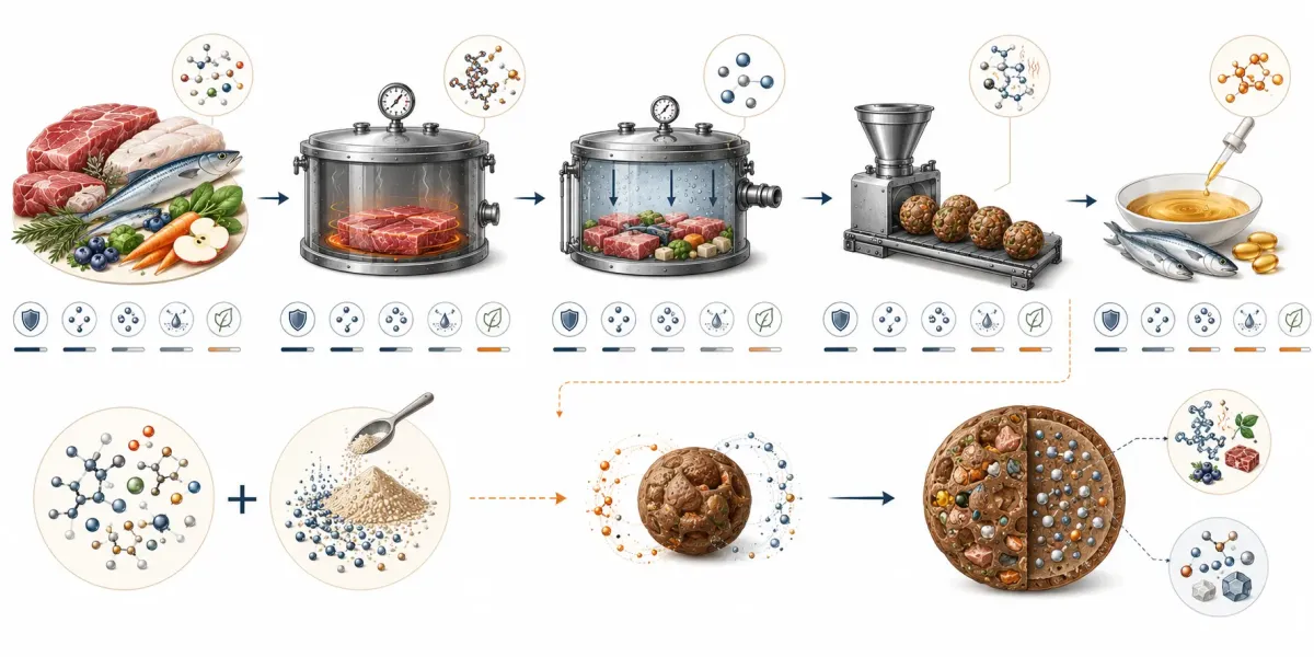 Vetenskaplig processillustration som visar ORYGO:s fyra steg med varsam mörning vid 71 grader, vakuumtillagning vid 45 grader, formning utan extrudering, återföring av naturliga fetter och omega-3 samt komplettering med vitamin- och mineralpremix.