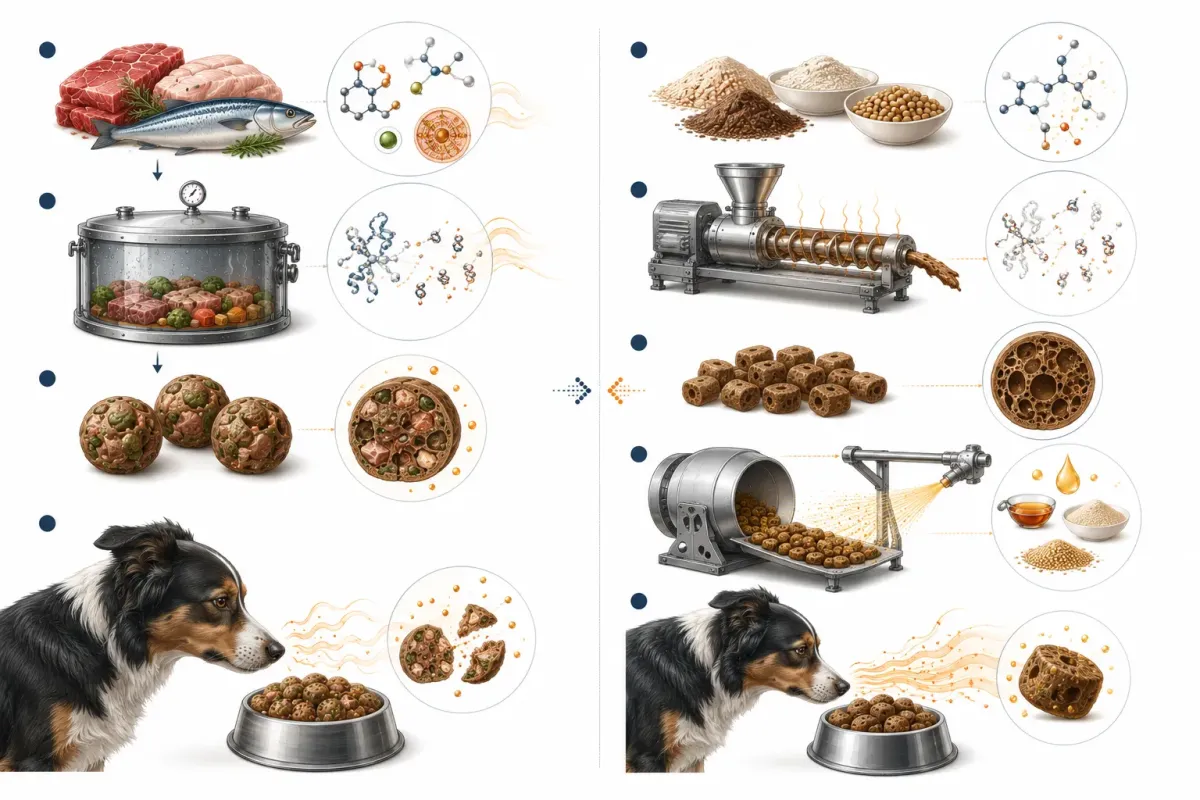Vetenskaplig jämförelseillustration som visar hög smaklighet från färskt kött och fisk med varsam tillagning jämfört med torra råvaror, intensiv process, torkning och efterföljande applicering av fett och palatants.