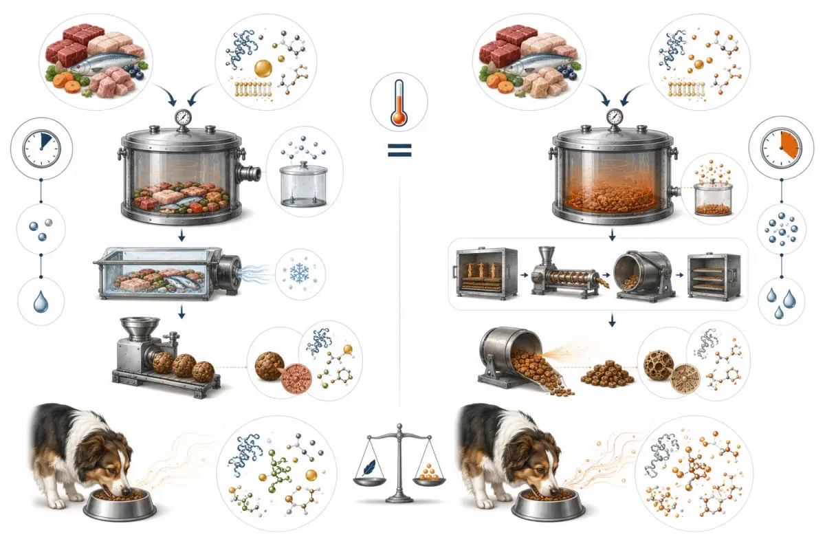 Vetenskaplig jämförelseillustration som visar två processlinjer med samma angivna temperatur men olika behandlingstid, syretillgång, antal uppvärmningar, torkning och total påverkan på råvaran.