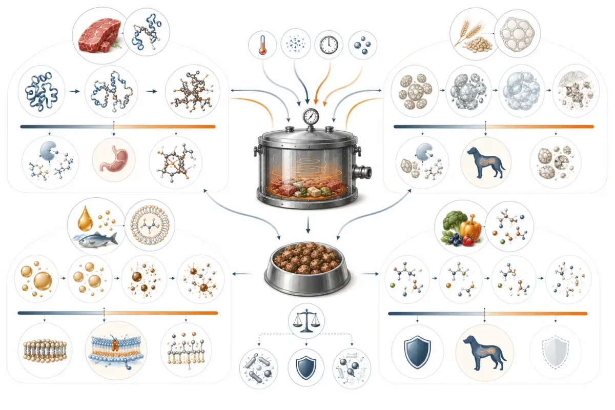 Vetenskaplig illustration som visar hur protein behöver denatureras, stärkelse gelatiniseras, fett skyddas mot oxidation och vitaminer bevaras under en balanserad tillagningsprocess.
