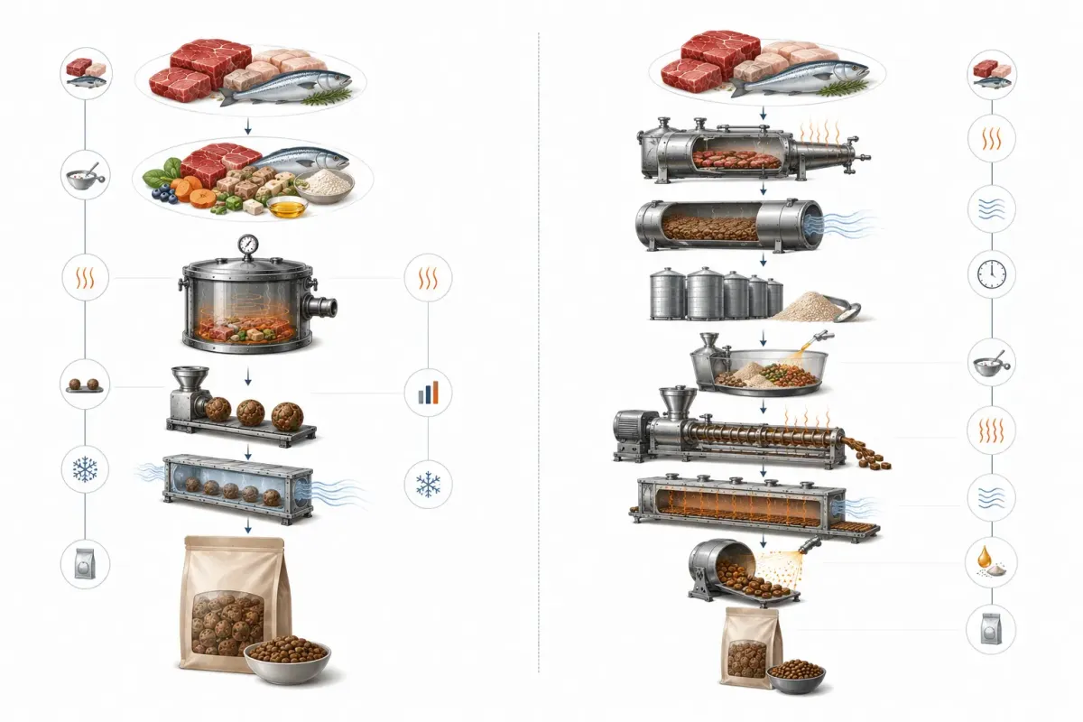 Vetenskaplig jämförelseillustration som visar en kort processkedja från färskt kött och fisk till färdig mat jämfört med en längre kedja med rendering, torkning till mjöl, lagring, extrudering, ny torkning och ytbehandling.