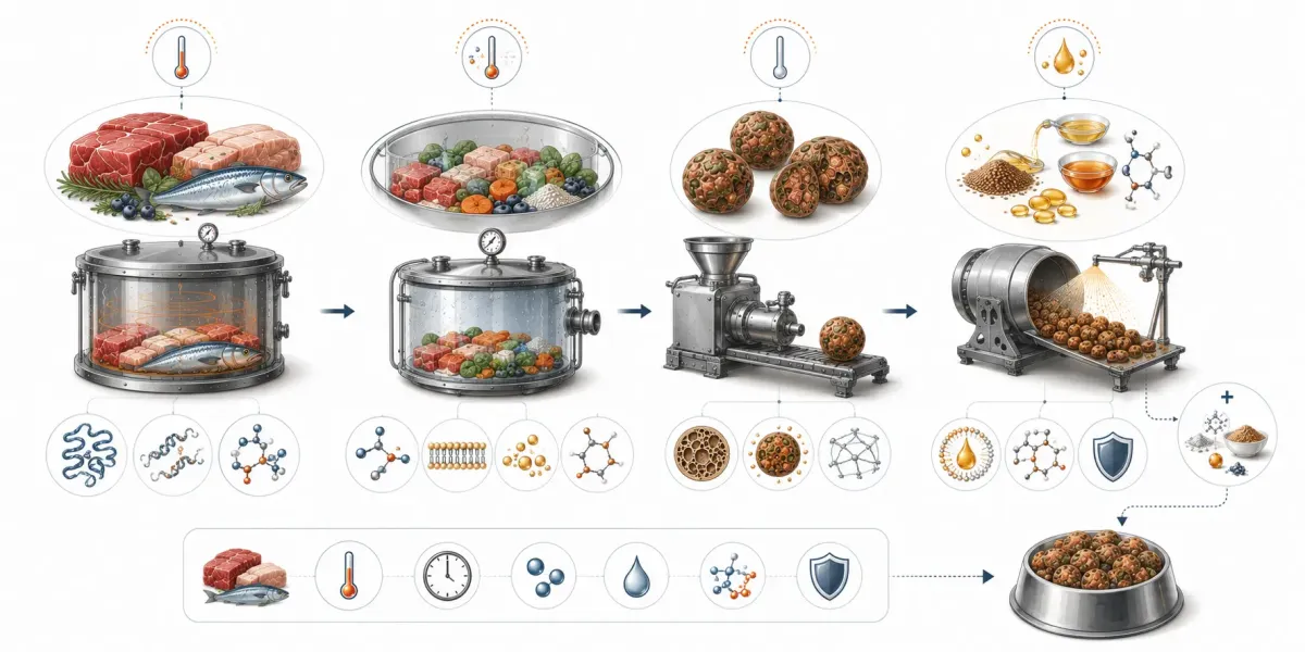 Vetenskaplig processillustration som visar ORYGO:s fyrstegsprocess med färskt kött, varsam mörning vid 71 grader, vakuumtillagning vid 45 grader, formning av semimjuk kula och återföring av naturliga fetter och omega-3.
