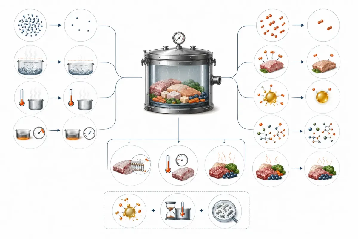 Vetenskaplig processillustration som visar ett vakuumkärl med lägre tryck, mindre syre och lägre avdunstningstemperatur samt möjliga följder som begränsad oxidation, bättre kontroll av värmebelastning och bevarande av aromämnen.