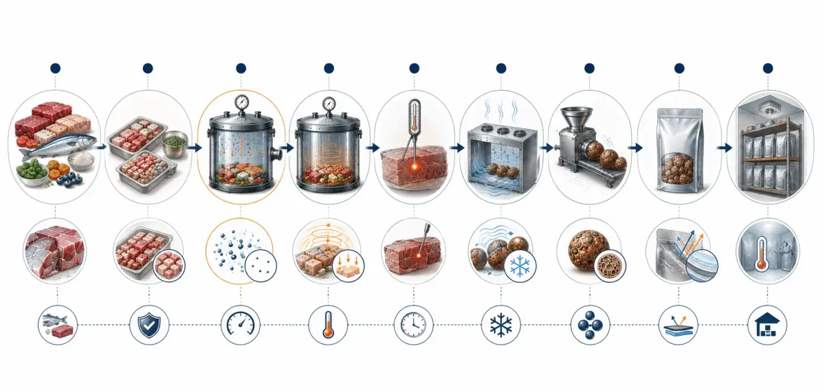 Vetenskaplig processillustration som visar vakuum som en del av en större kedja med färska råvaror, kontrollerad temperatur, behandlingstid, kärntemperatur, snabb kylning, förpackning och lagring.