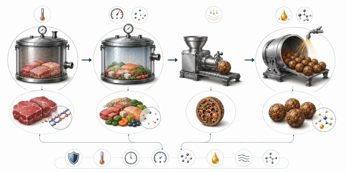 Vetenskaplig processillustration som visar ORYGO:s fyrstegsprocess med varsam mörning vid 71 grader, vakuumtillagning vid 45 grader, formning utan extrudering och återföring av naturliga fetter och omega-3.