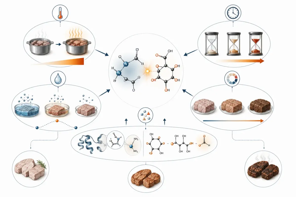Vetenskaplig illustration som visar hur protein eller aminosyror och reducerande sockerarter möts, medan temperatur, tid, vattenaktivitet och pH styr Maillardreaktionens hastighet.