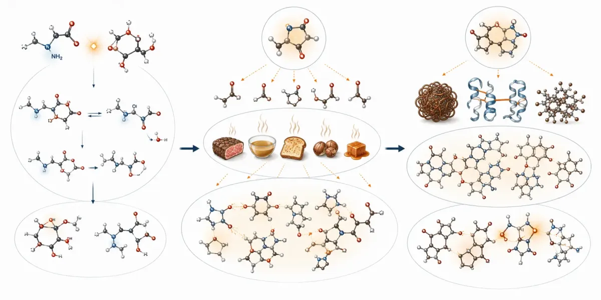 Vetenskaplig processillustration som visar Maillardreaktionens tidiga steg med Amadoriprodukter, mellansteg med arom- och smakämnen samt sena steg med melanoidiner, korsbindningar och AGEs.