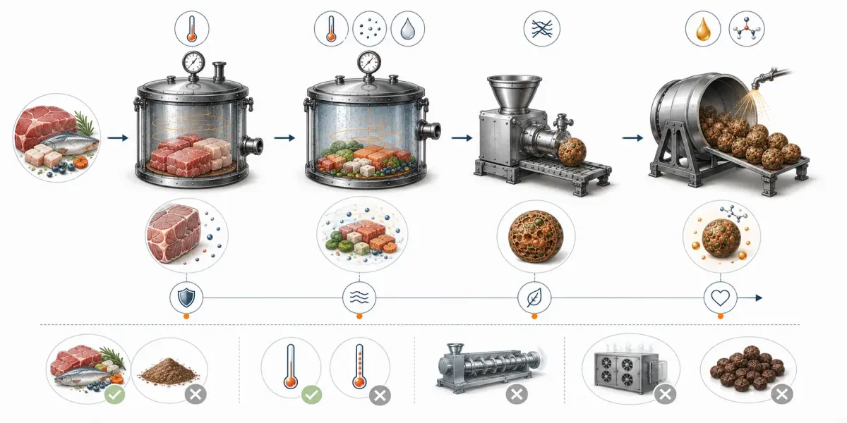 Vetenskaplig processillustration som visar hur ORYGO:s fyrstegsprocess med varsam mörning vid 71 grader, vakuumtillagning vid 45 grader, formning utan extrudering och återföring av naturliga fetter och omega-3 begränsar onödig Maillardreaktion.