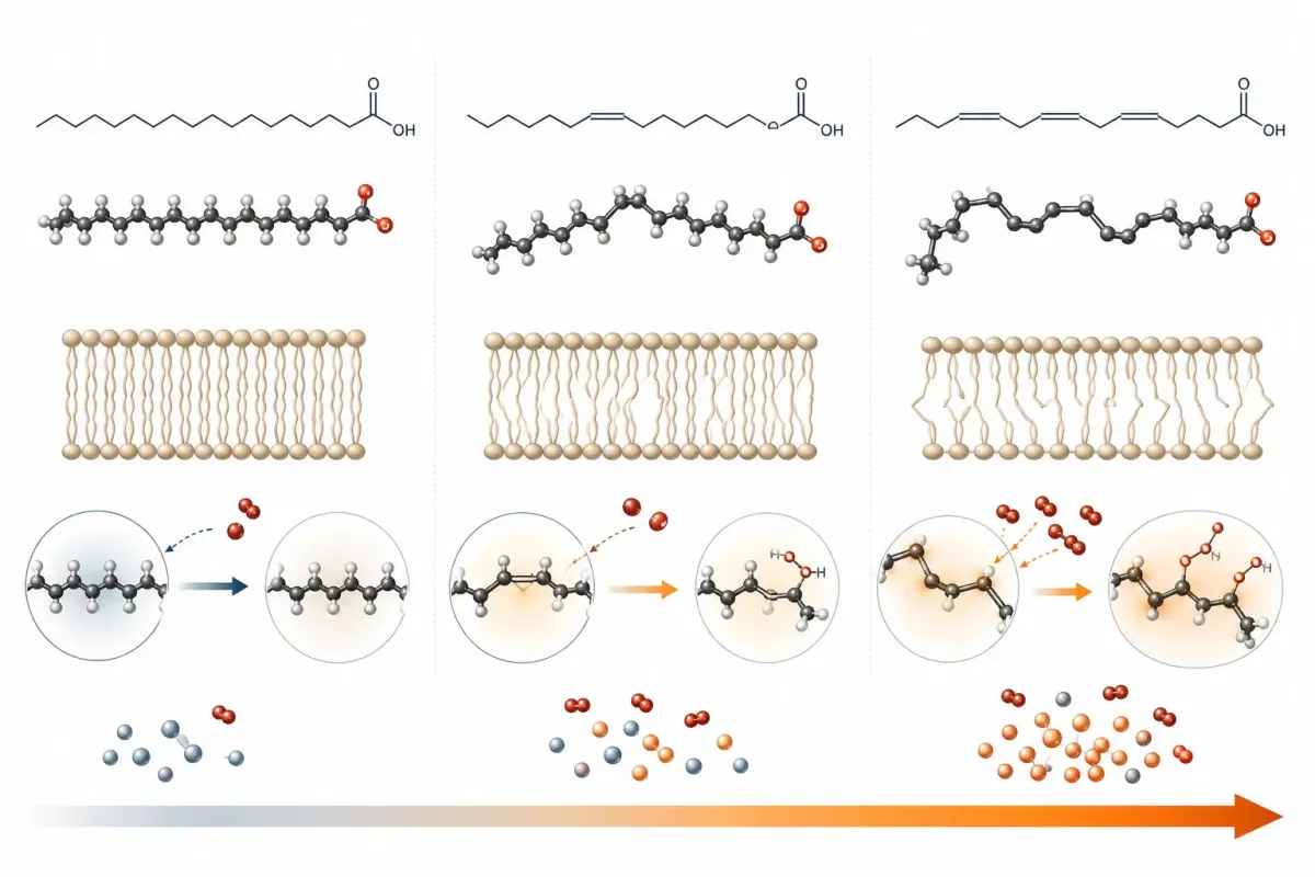 Vetenskaplig illustration som jämför en mättad, enkelomättad och fleromättad fettsyra och visar hur oxidationskänsligheten ökar med antalet dubbelbindningar.