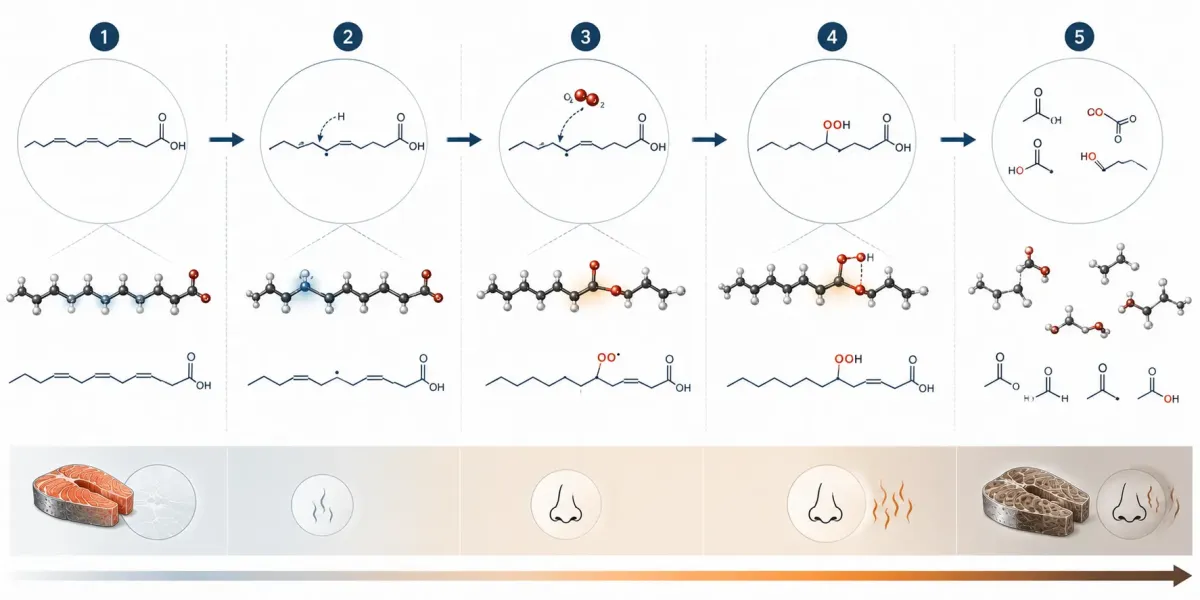 Vetenskaplig processillustration som visar hur en fettsyra först bildar fria radikaler och hydroperoxider innan aldehyder, ketoner och andra oxidationsprodukter uppstår.