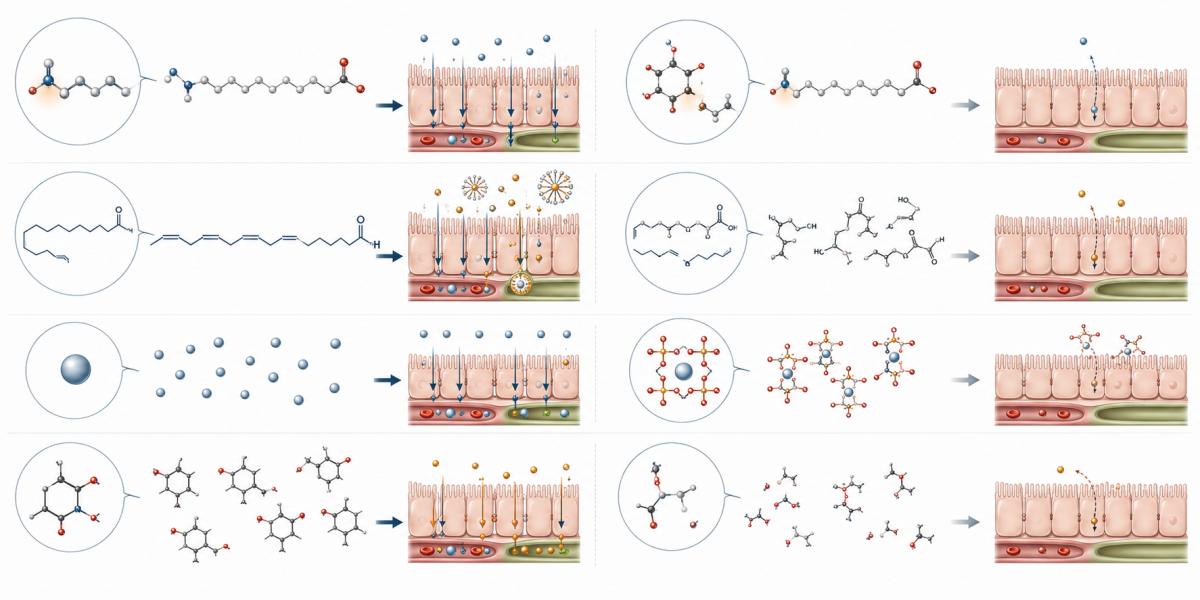 Vetenskaplig jämförelseillustration som visar intakt och Maillardbundet lysin, färsk och oxiderad omega-3, lösligt och fytatbundet mineral samt bevarat och nedbrutet vitamin.