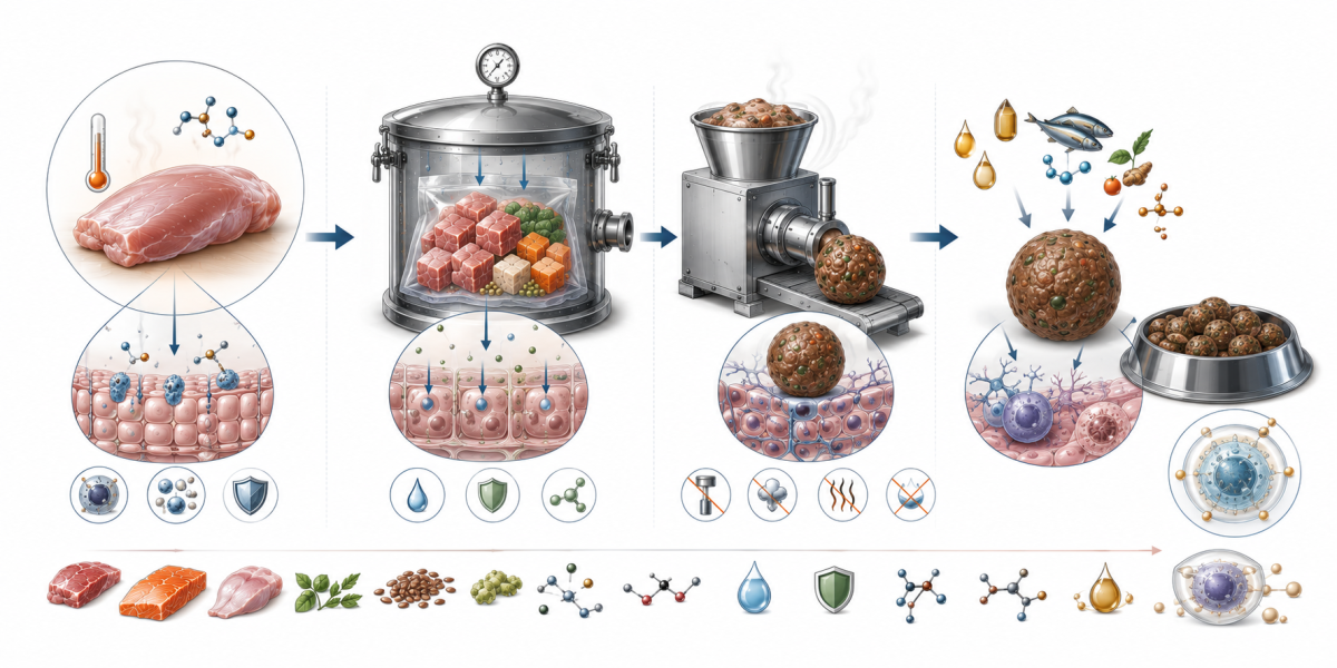 Vetenskaplig processillustration som visar hur ORYGO:s fyrstegsprocess med varsam mörning vid 71 grader, vakuumtillagning vid 45 grader, formning utan extrudering och återföring av naturliga fetter och omega-3 påverkar biologisk tillgänglighet.