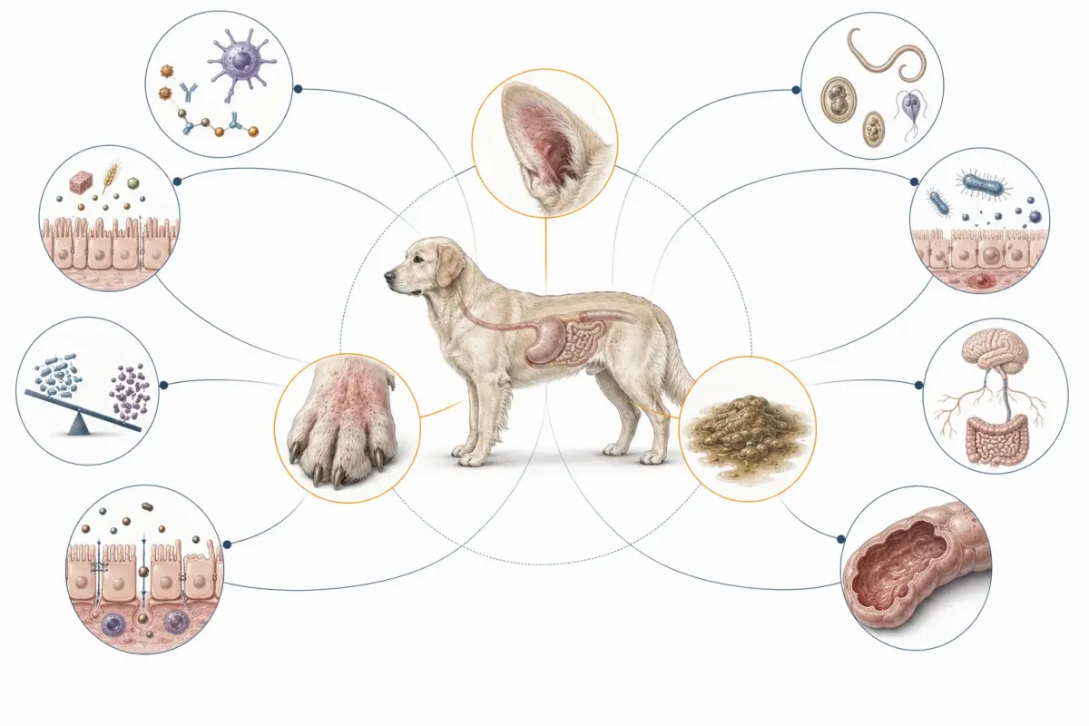 Vetenskaplig illustration som visar att klåda, diarré och återkommande öronproblem kan ha flera möjliga orsaker, däribland foderallergi, foderintolerans, dysbios, nedsatt tarmbarriär, parasiter, infektioner, stress och annan mag-tarmsjukdom.