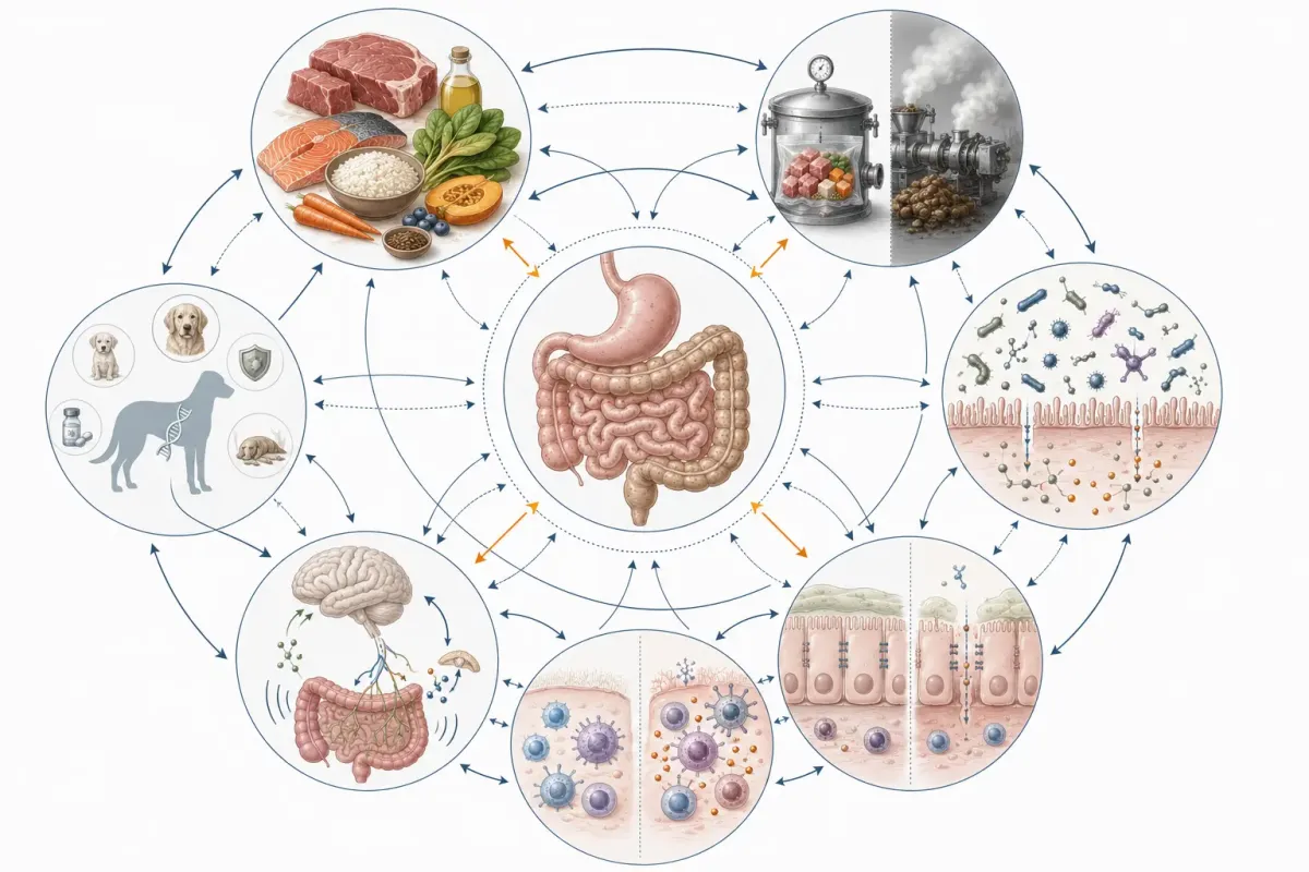 Vetenskaplig systemillustration som visar hur råvaror, tillagning, mikrobiom, tarmbarriär, immunförsvar, stress och individuell känslighet samverkar och tillsammans påverkar hundens mag- och tarmhälsa.