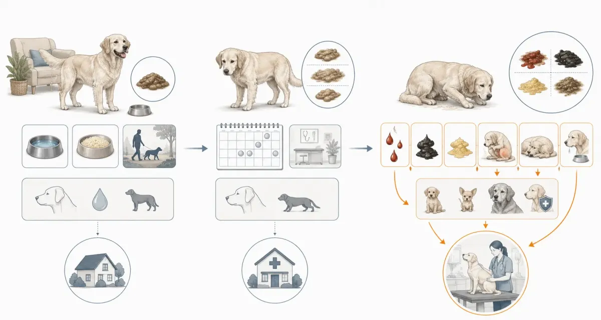 Vetenskapligt beslutsträd som visar när en hund med lös avföring kan observeras hemma, när veterinär bör bokas och när snabb veterinärvård behövs vid blod, svart avföring, kräkningar, buksmärta, slöhet eller försämrat allmäntillstånd.