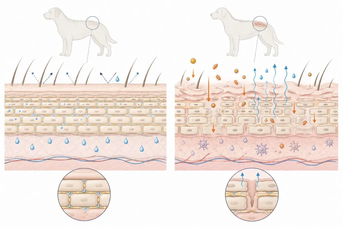 Vetenskaplig illustration som jämför en intakt hudbarriär med en försvagad hudbarriär hos hund, där tätt liggande hudceller och fettämnen håller kvar fukt medan en skadad barriär släpper ut vatten och släpper in allergener och mikroorganismer.