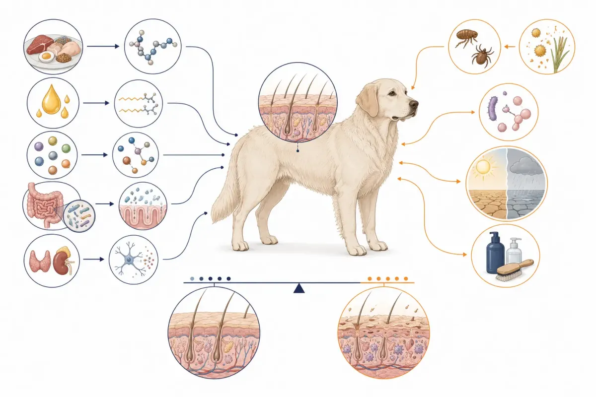 Vetenskaplig översiktsillustration av hur hundens hud och päls påverkas inifrån av protein, fettsyror, vitaminer, mineraler, tarmhälsa och hormoner samt utifrån av parasiter, allergener, mikroorganismer, klimat och hudvård.