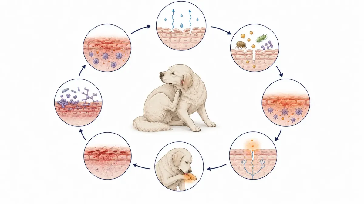 Vetenskaplig illustration av klådcirkeln hos hund där en försvagad hudbarriär leder till irritation, klåda, kliande och slickande, hudskada, mikrobiell överväxt och ytterligare inflammation.