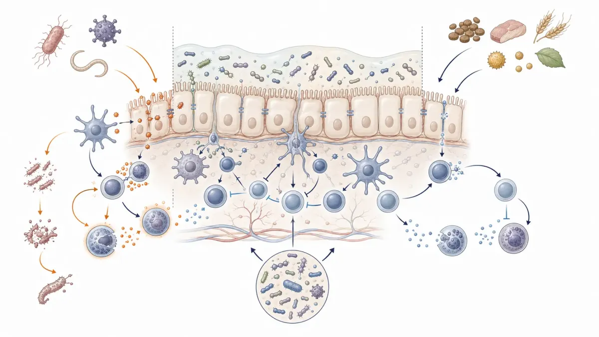 Vetenskaplig illustration av ett balanserat immunförsvar hos hund som reagerar mot bakterier, virus och parasiter men tolererar normala födoämnesproteiner och ofarliga miljöämnen med stöd av tarmbarriär, mikrobiom och reglerande immunceller.
