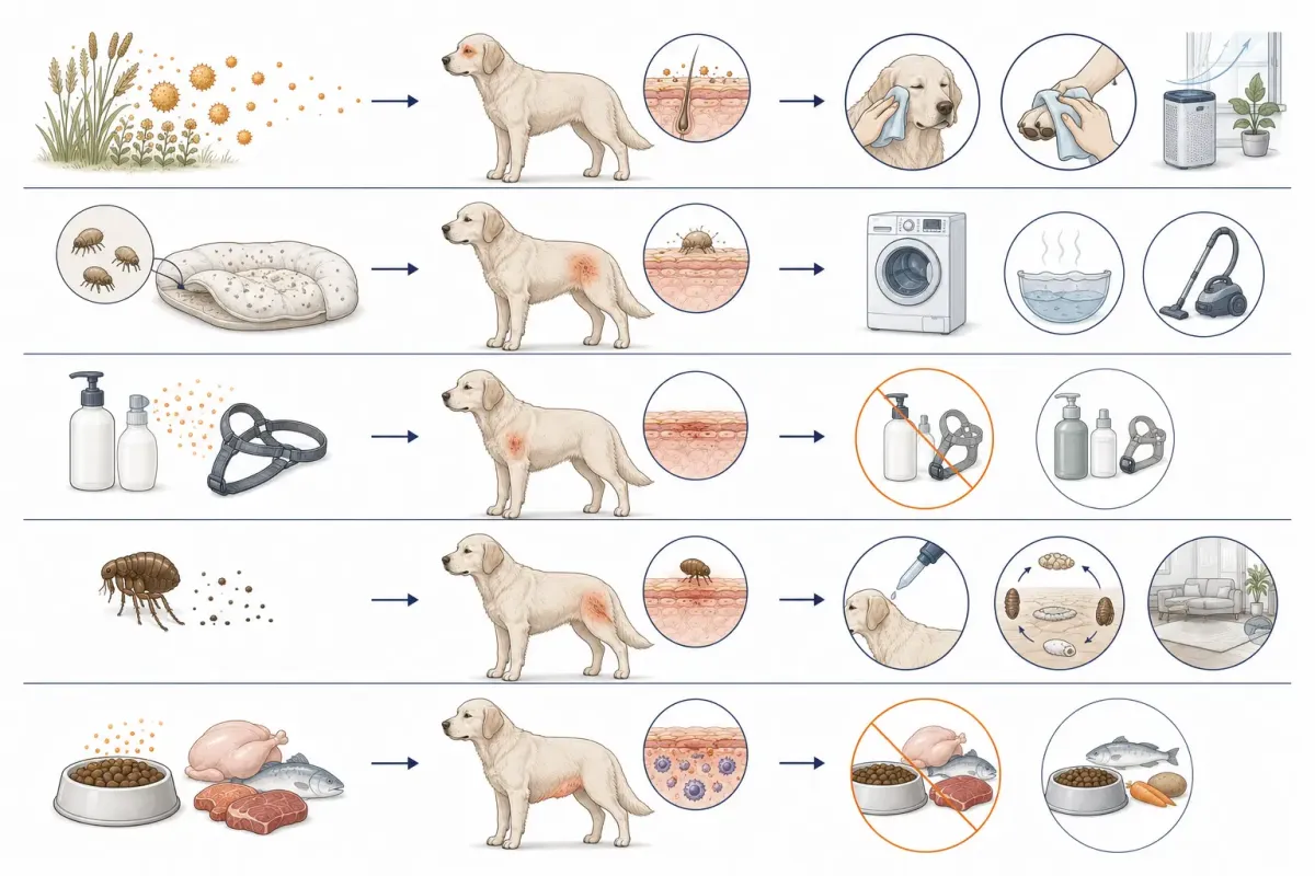 Vetenskaplig illustration som jämför pollenallergi, kvalsterallergi, kontaktallergi, loppallergi och foderallergi och visar att varje allergityp kräver en åtgärd riktad mot den verkliga utlösande faktorn.