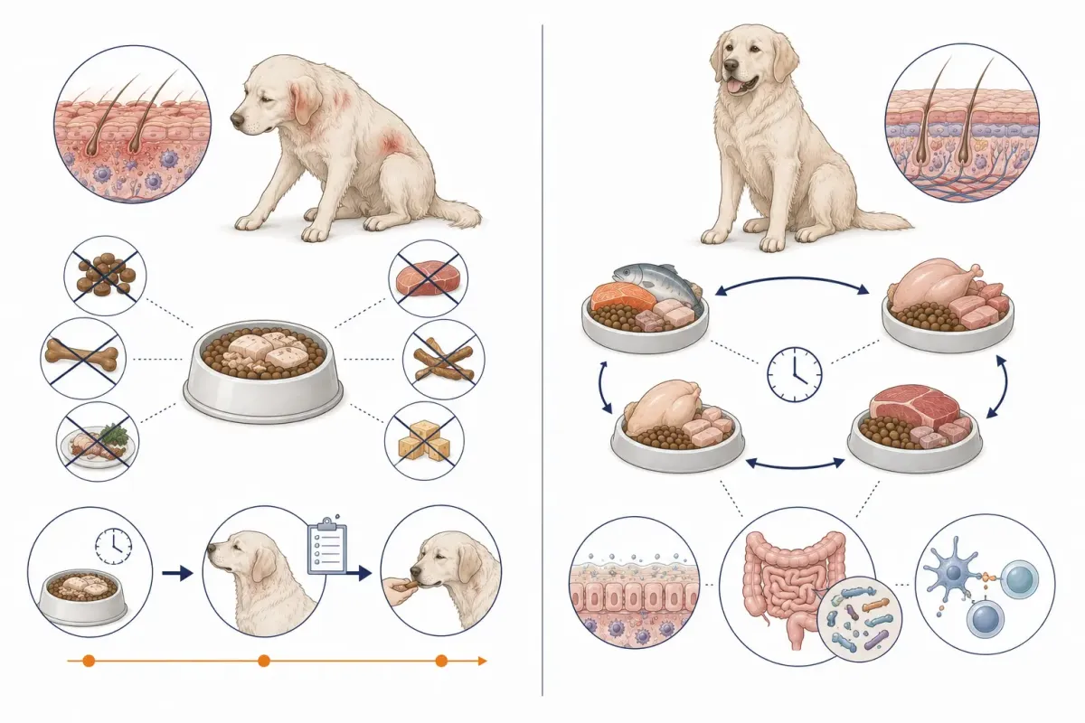 Vetenskaplig illustration som jämför en strikt eliminationsdiet vid misstänkt foderallergi med en varierad komplett kost för en frisk hund.