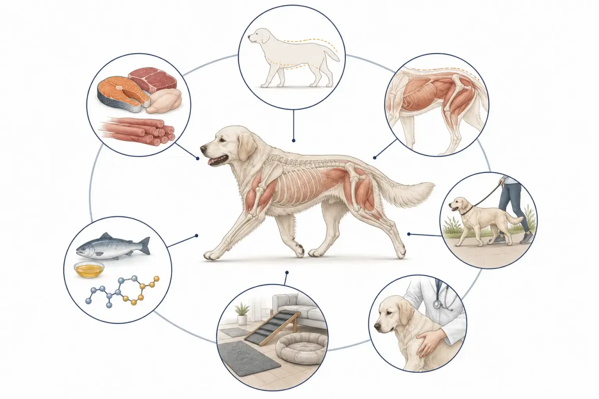 Vetenskaplig illustration som visar att hundens rörlighet påverkas av kroppsvikt, muskler, motion, smärtlindring, hemmiljö, protein samt omega-3-fettsyrorna EPA och DHA.