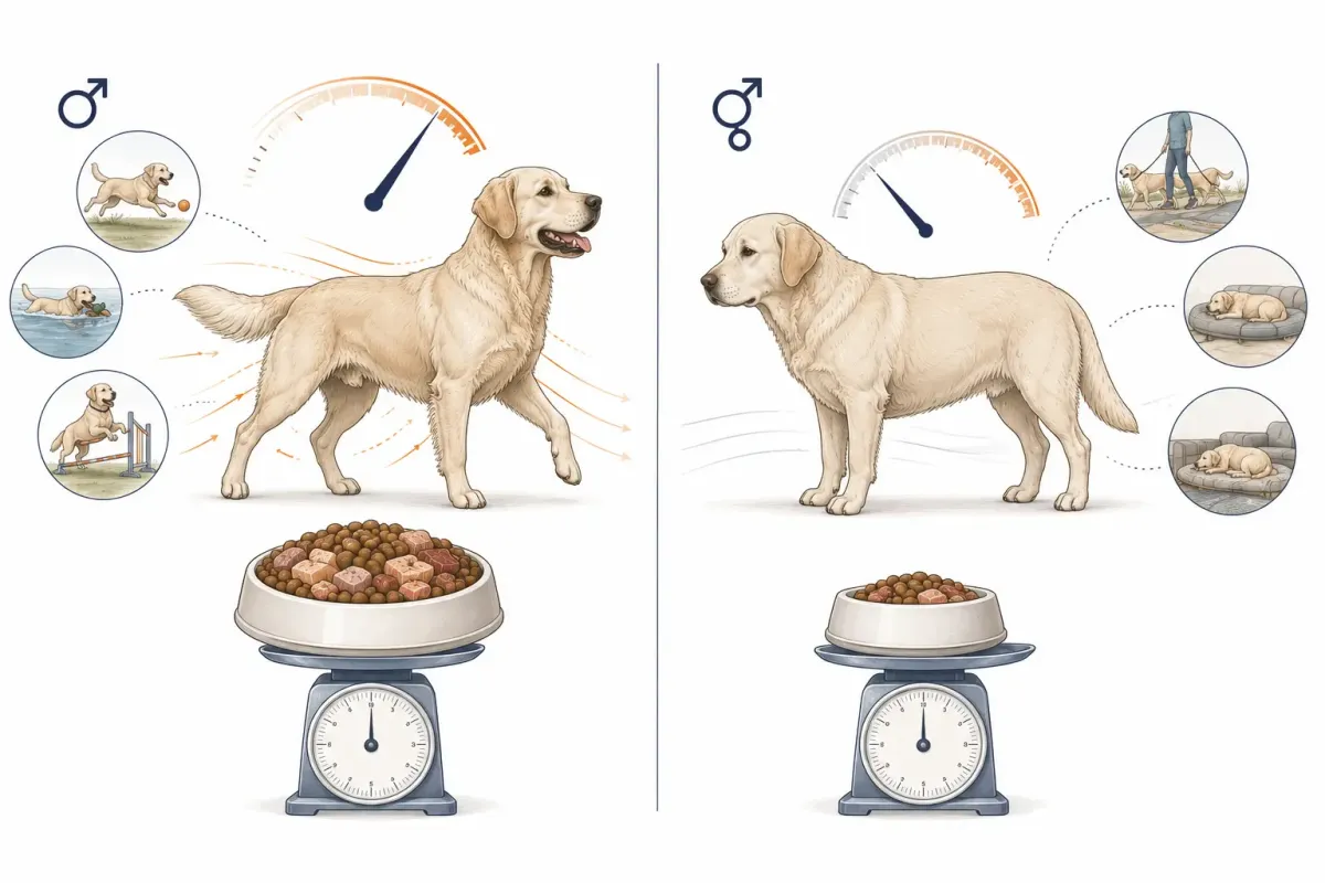 Vetenskaplig illustration av två hundar med samma kroppsvikt men olika energibehov, där den ena är ung, okastrerad, muskulös och mycket aktiv medan den andra är äldre, kastrerad och mindre aktiv.