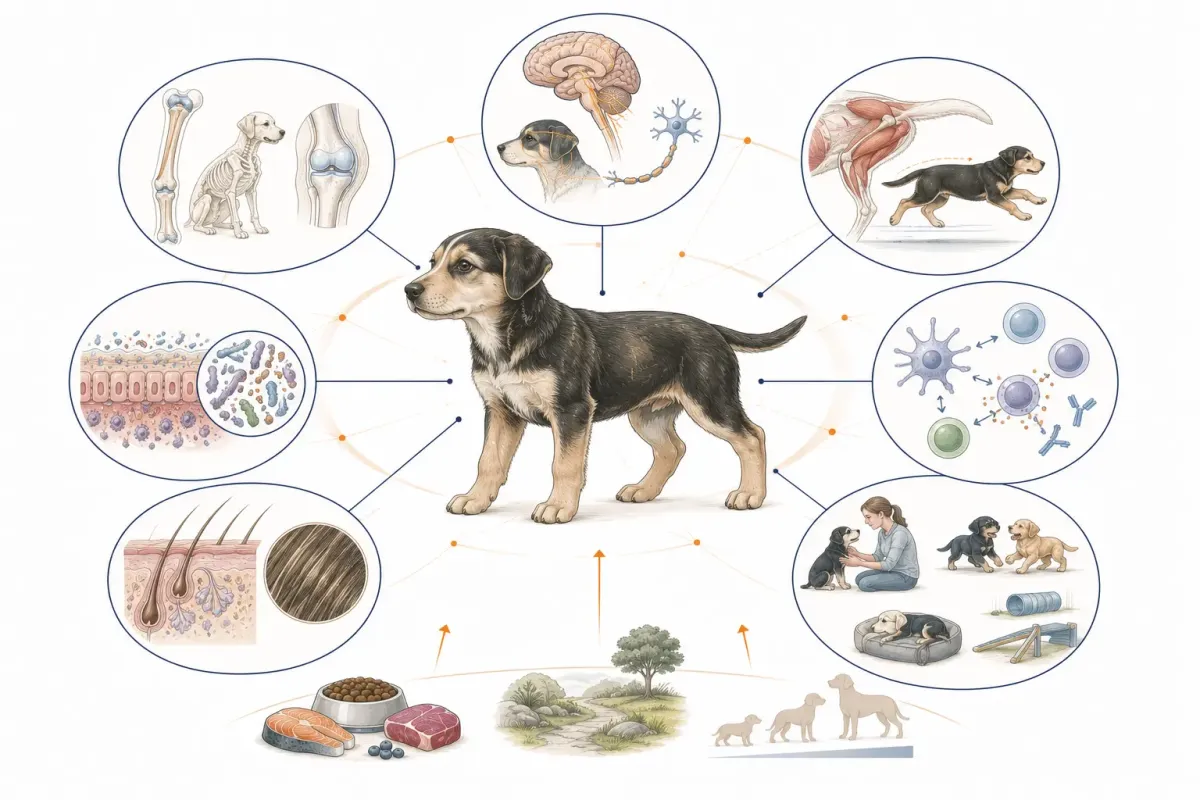 Vetenskaplig illustration av en valp omgiven av skelett och leder, muskler, hjärna och nervsystem, tarm och mikrobiom, immunförsvar, hud och päls samt social utveckling.