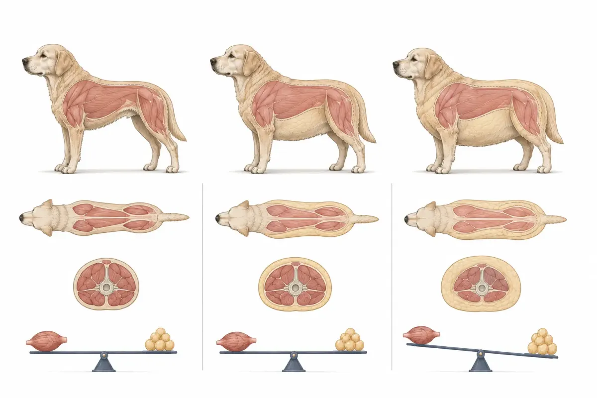 Vetenskaplig illustration av tre seniorhundar med olika kroppssammansättning: en slank och muskulös hund, en överviktig hund med bevarad muskelmassa och en överviktig hund med tydlig muskelförlust över rygg och lår.