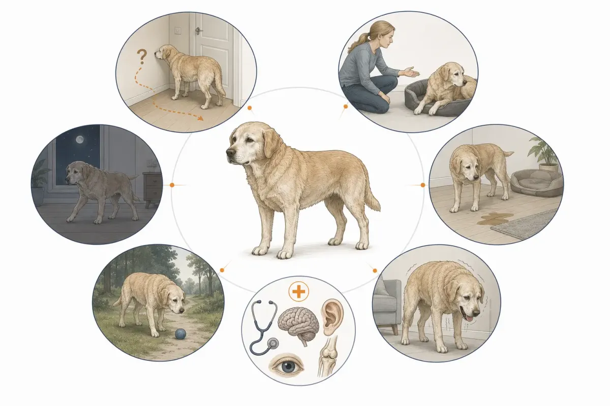 Vetenskaplig illustration av sex vanliga tecken på kognitiv förändring hos seniorhund: desorientering, förändrad social kontakt, förändrad sömn, inomhusolyckor, förändrad aktivitet samt oro eller ångest.
