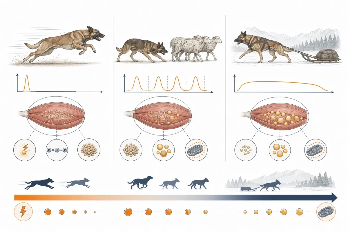 Vetenskaplig illustration som jämför sprint och explosivt arbete, intervallarbete och uthållighetsarbete hos hund samt visar den relativa betydelsen av glykogen, fett och aerob metabolism.