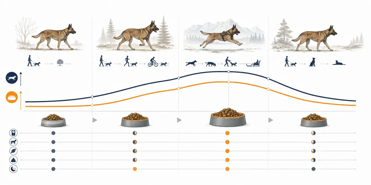 Vetenskaplig illustration av en års- eller träningskurva där hundens arbetsbelastning och energigiva förändras gradvis mellan viloperiod, uppbyggnadsperiod, tävlings- eller jaktsäsong och återhämtningsperiod.