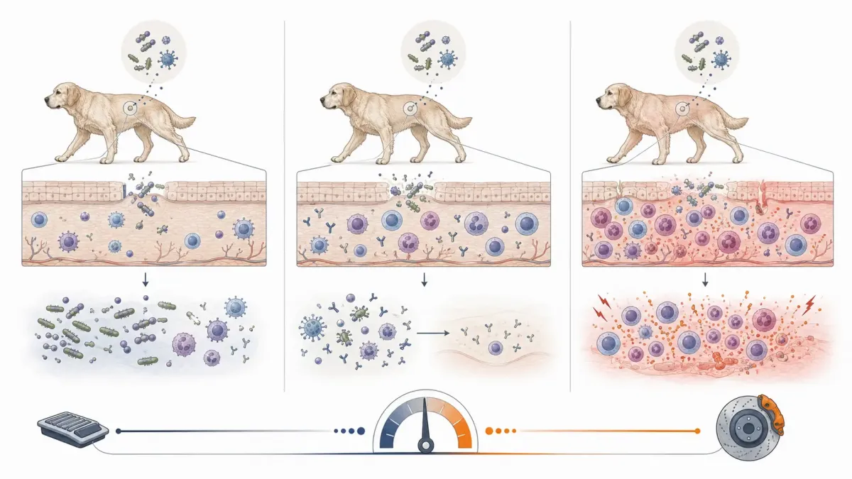 Vetenskaplig illustration som jämför en för svag immunreaktion, en balanserad immunreaktion och en överdriven eller felriktad immunreaktion hos hund.