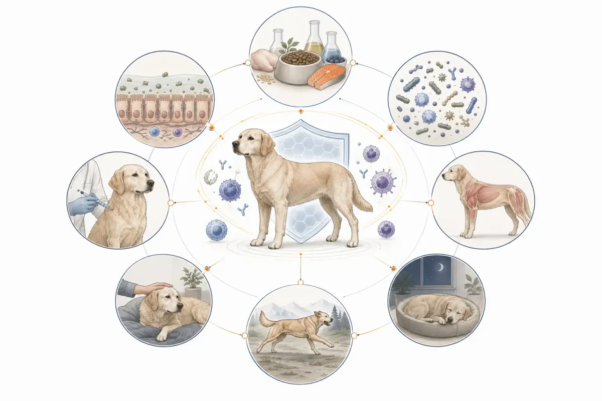 Vetenskaplig illustration av balanserad immunfunktion omgiven av fullvärdig näring, fungerande tarmbarriär, stabilt mikrobiom, slankt hull, sömn och återhämtning, lagom motion, låg långvarig stress, vaccination och veterinärvård.
