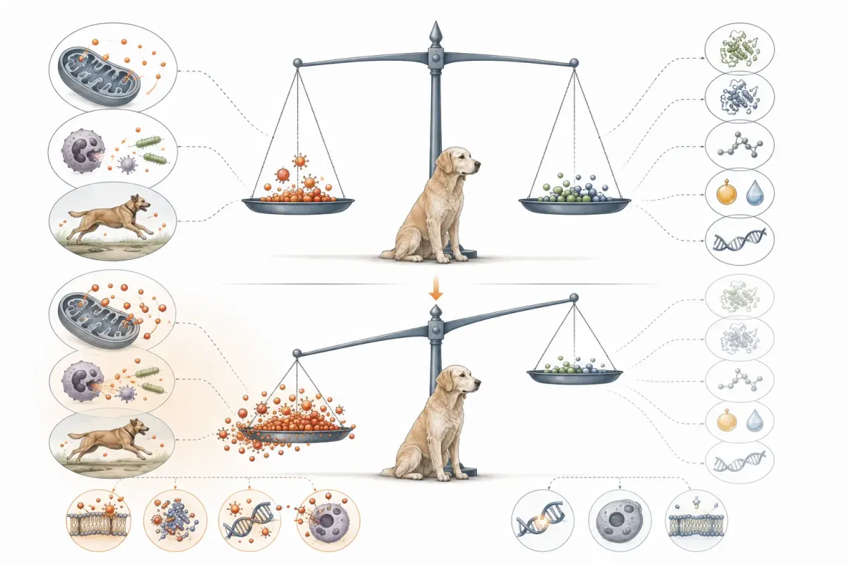 Vetenskaplig illustration av en balansvåg där normal bildning av reaktiva syreföreningar vägs mot kroppens antioxidant- och reparationssystem, och där oxidativ stress uppstår när belastningen blir större än försvaret.
