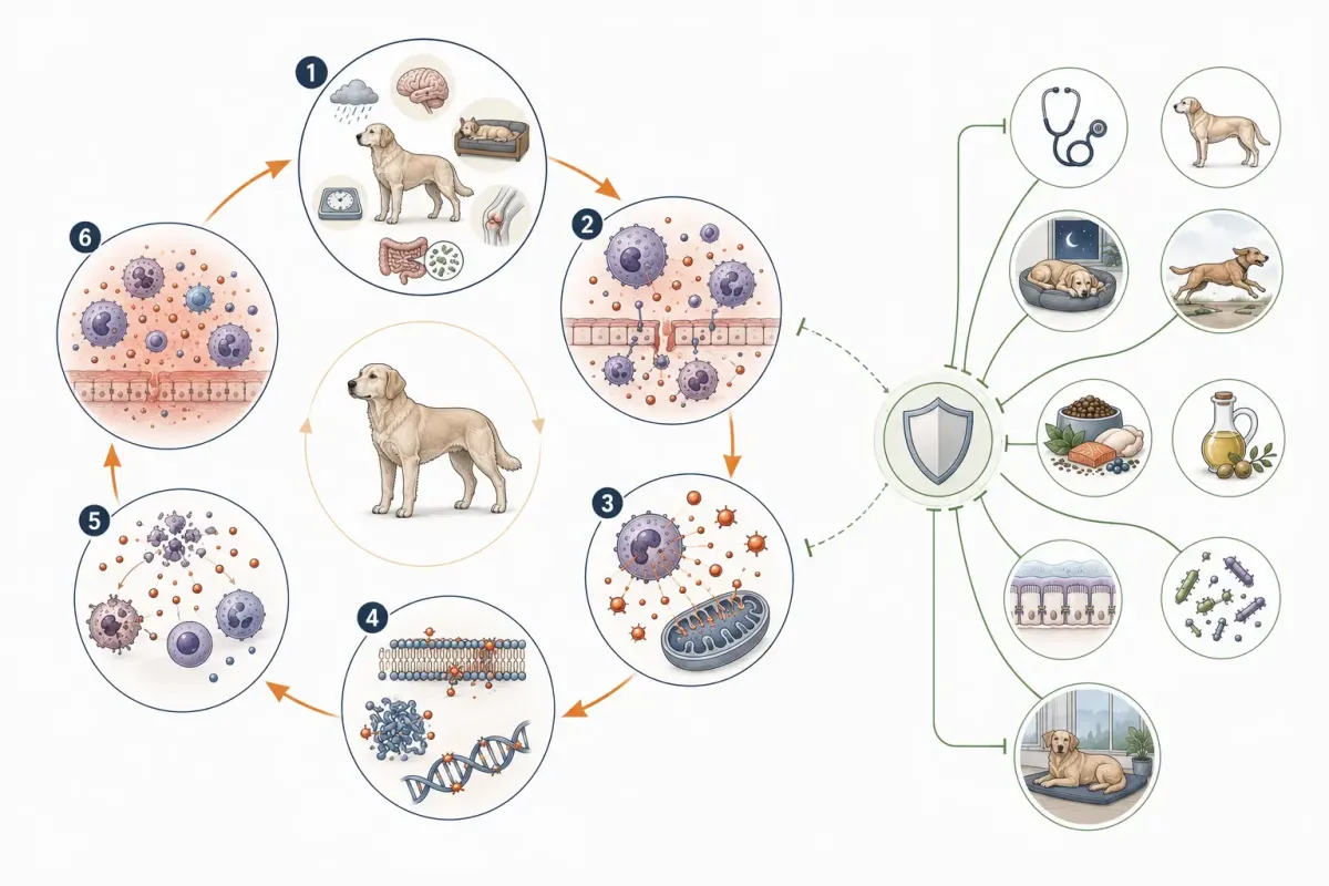 Vetenskaplig illustration av en självförstärkande cirkel där långvarig belastning leder till inflammation, ökad bildning av reaktiva syreföreningar, oxidativ skada och fortsatt inflammatorisk signalering, samt faktorer som kan bryta cirkeln.