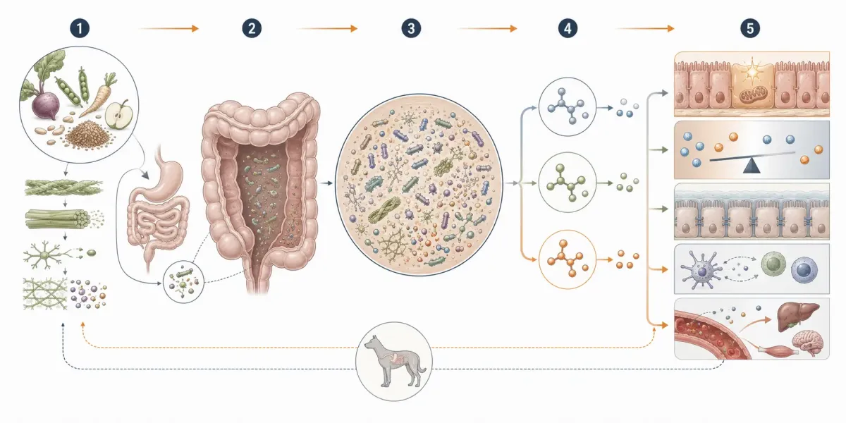Vetenskaplig illustration som visar hur fermenterbar fiber når tjocktarmen, fermenteras av mikroorganismer och bildar acetat, propionat och butyrat som påverkar tarmceller, pH, immunförsvar och ämnesomsättning.