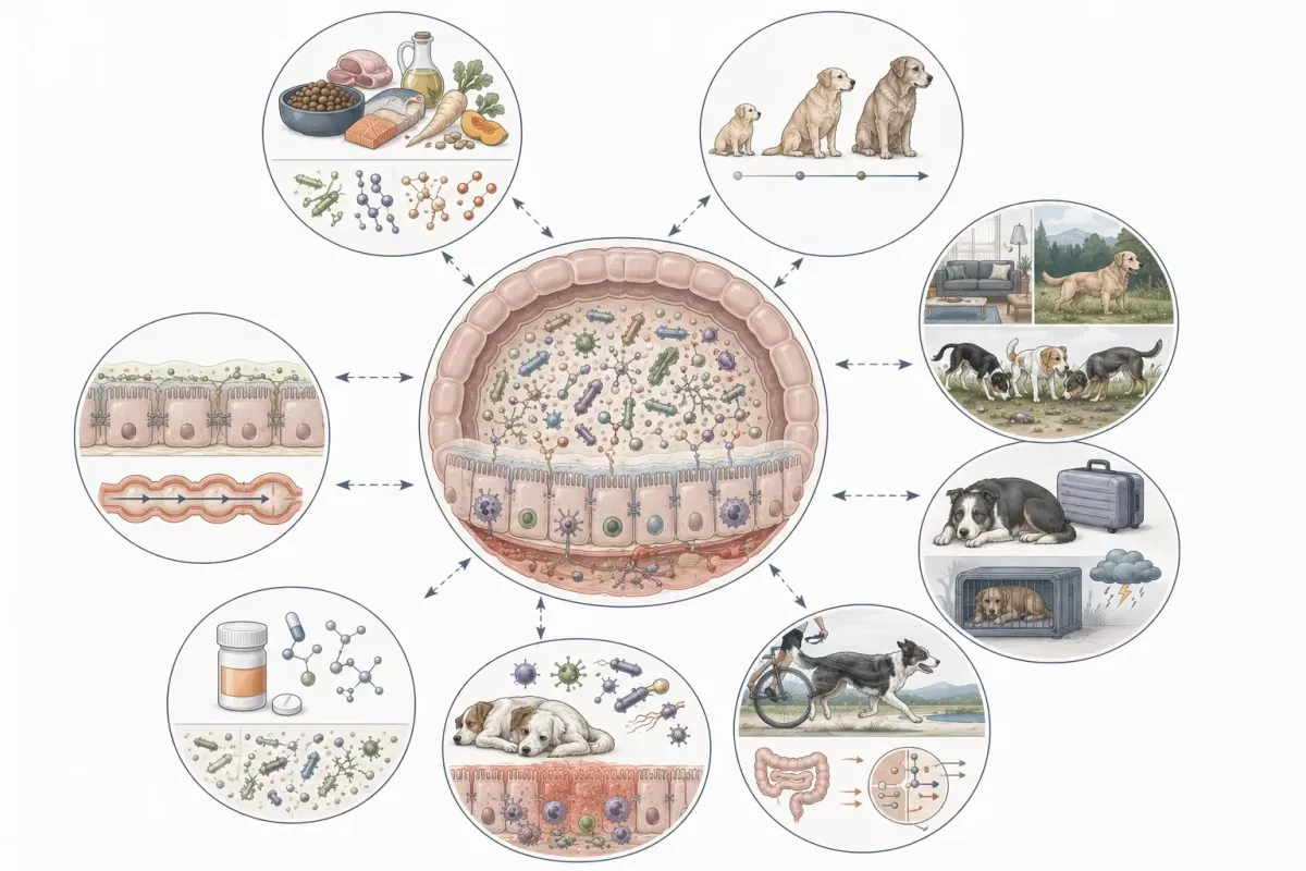Vetenskaplig illustration av hundens tarmmikrobiom omgivet av kost och fiber, ålder, miljö, stress, motion, infektion, antibiotika och andra läkemedel samt tarmbarriär och motilitet.