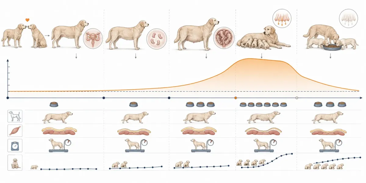 Vetenskaplig illustration av en tidslinje från parning till avvänjning där tikens energibehov är nära underhållsnivå under dräktighetens första två tredjedelar, ökar under sista tredjedelen, når sin högsta nivå tre till fem veckor efter valpning och därefter minskar.