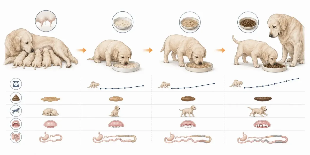 Vetenskaplig illustration av valpens gradvisa avvänjning i fyra steg: diande, tunn gröt av våtfoder och ljummet vatten, successivt fastare mat med valpfoder samt kompletta egna måltider medan diandet minskar.
