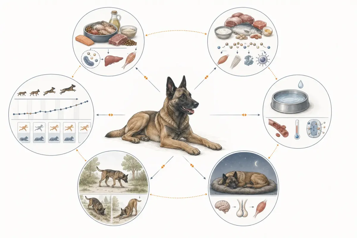Vetenskaplig illustration av återhämtning och prestation omgiven av sex samverkande byggstenar: tillräcklig energi, högkvalitativt protein, vätska, sömn, vilodagar och en gradvis träningsplan.