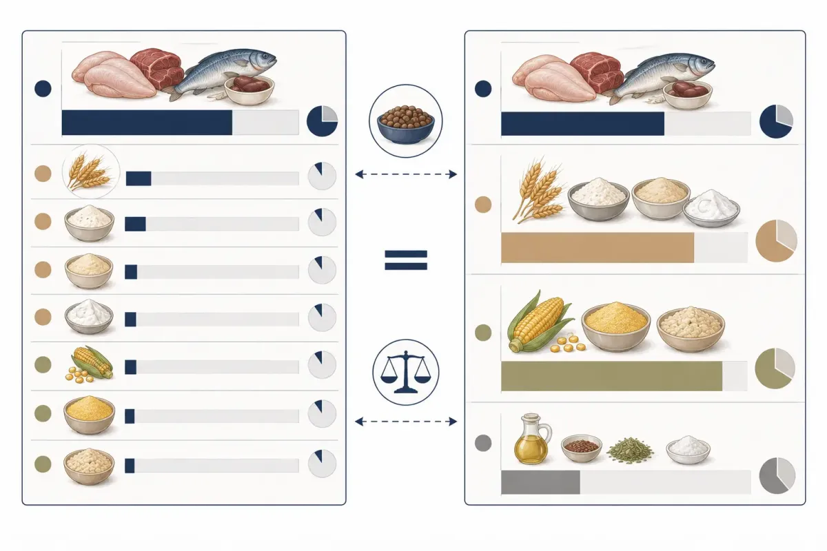 Vetenskaplig illustration som jämför två sätt att läsa samma ingredienslista: en deklaration där animaliska ingredienser står först och spannmålsråvaror är uppdelade, samt samma recept där vete och majs har räknats samman till större råvarugrupper.