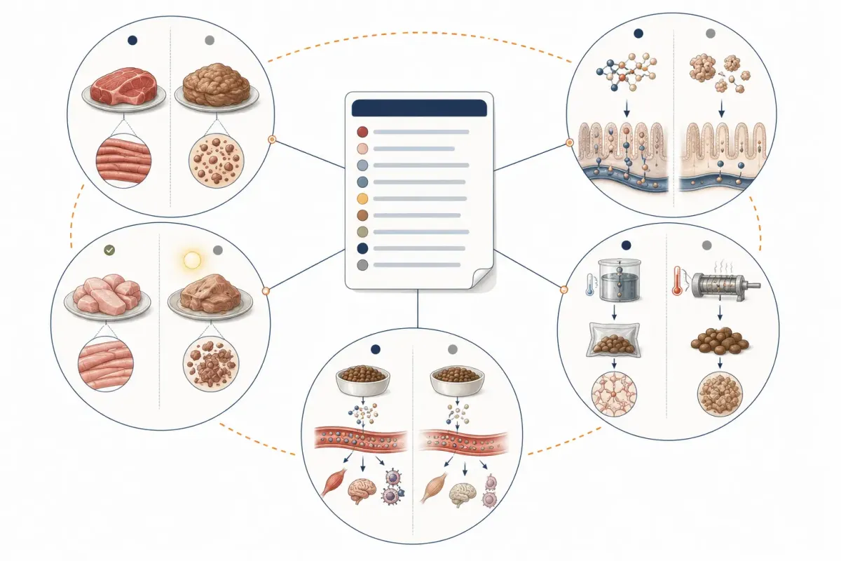 Vetenskaplig illustration av fem faktorer som en ingredienslista inte visar: råvarornas kvalitet, råvarornas färskhet, proteinets smältbarhet, hur maten har tillagats och hur mycket näring hunden faktiskt kan ta upp.