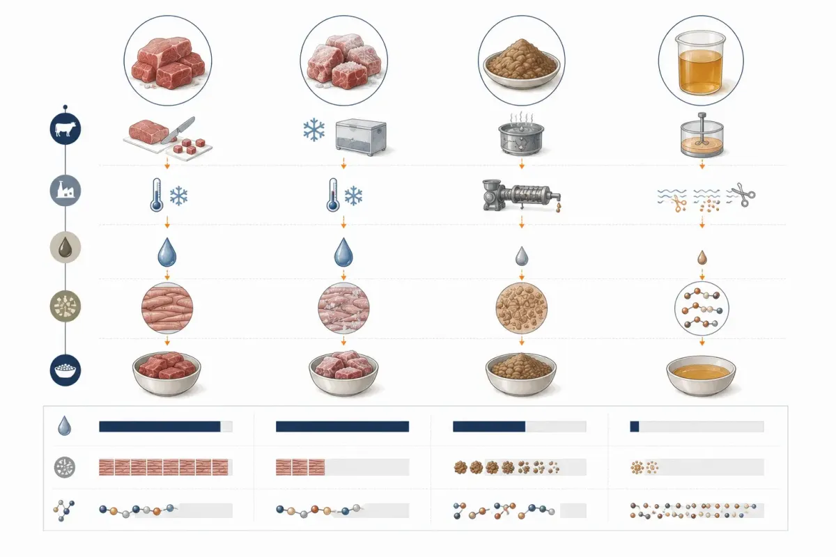 Vetenskaplig illustration som visar fyra råvaruformer från samma animaliska ursprung: färskt kött, fryst kött, köttmjöl och hydrolyserat animaliskt protein, med olika vattenhalt och processteg.