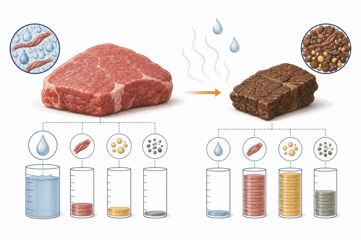 Vetenskaplig illustration som visar hur färskt kötts höga vattenhalt gör att vikten minskar under tillagning medan protein, fett och mineraler koncentreras.