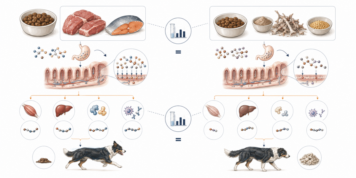 Vetenskaplig illustration som jämför två hundfoder med samma råproteinhalt men olika proteinkvalitet: ett med färskt muskelkött och fisk samt ett med köttmjöl, ben, bindväv och vegetabiliskt protein.