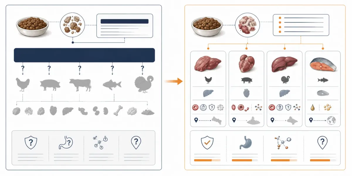 Vetenskaplig illustration som jämför en bred ingrediensbenämning, kött och animaliska biprodukter, med en tydlig råvarulista där kycklinglever, grishjärta, kalkonlever och fisk anges separat.