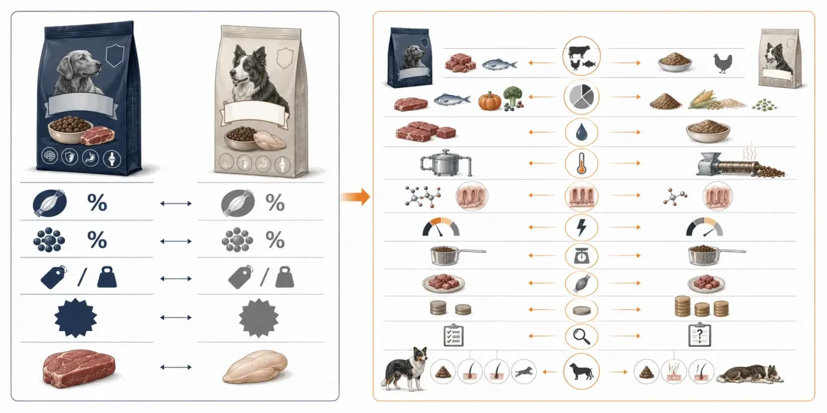 Vetenskaplig illustration som jämför ytliga hundfoderuppgifter som proteinprocent, fettprocent, pris per kilo och framsidans påståenden med en mer fullständig bedömning av proteinets ursprung, råvarugrupper, tillagning, smältbarhet, energivärde, dagsgiva, kostnad per dag och transparens.