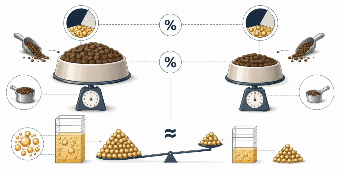 Vetenskaplig illustration av två hundfoder med 12 procent fett men olika dagsgivor: 350 gram ger 42 gram fett och 180 gram ger 21,6 gram fett.